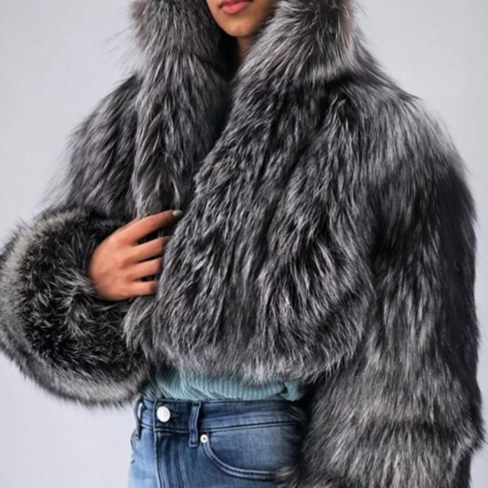 Black & White Casual Womens Faux Silver Fox Gradient Long Sleeve Faux Fur Jacket - Picture 2 of 3